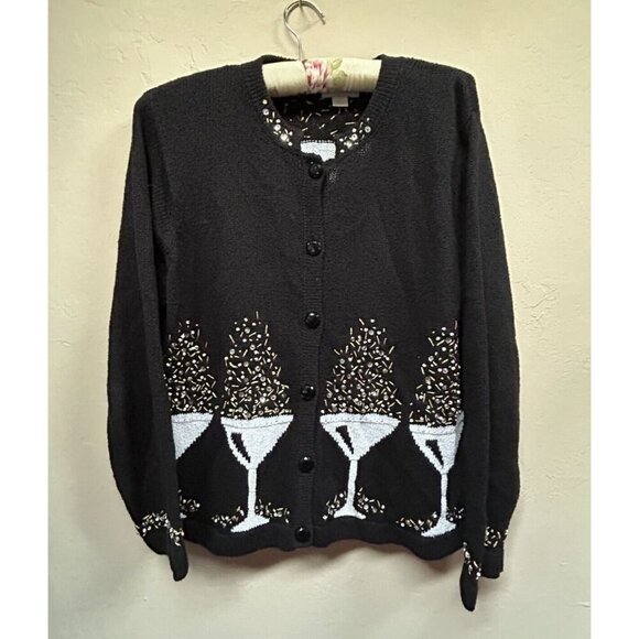 Vintage Northern Isles Womens Large Black Ramie Embellished Cardigan Sweater - Picture 1 of 9